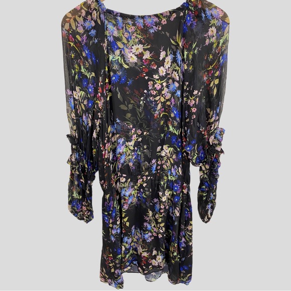 Parker Black + Multicolor Floral Silk Ruffle Trim Tie Neck Dress - Picture 7 of 8